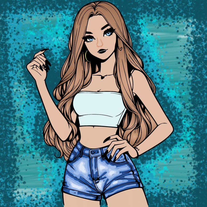 realistic pretty girl with long nails and wearing shorts and a crop top