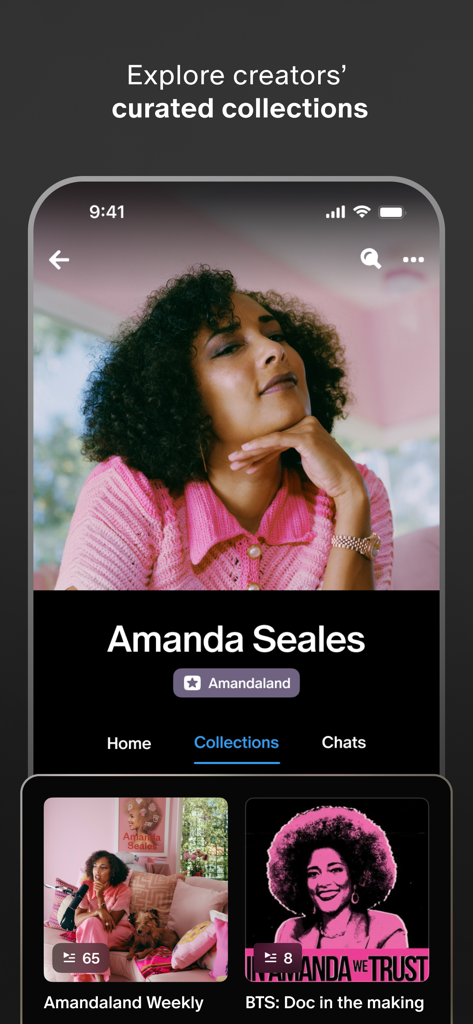 Interfaccia dell'app mobile Patreon che mostra collezioni di contenuti curate per la creator Amanda Seales