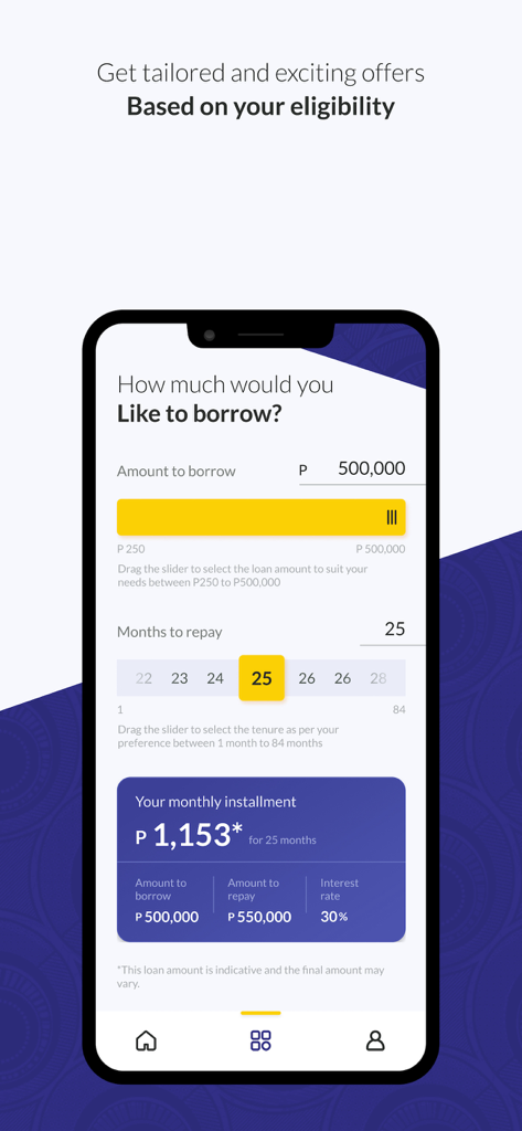 LetsGo Powered by Letshego - Personal loan calculator screen in the LetsGo mobile app showing repayment terms and monthly installments