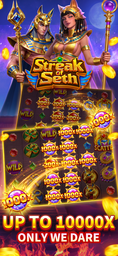 Bravo Casino-Slots Games - Screenshot dell'app mobile Bravo Casino che mostra la slot machine a tema egiziano Streak of Seth con grandi moltiplicatori di vincita.