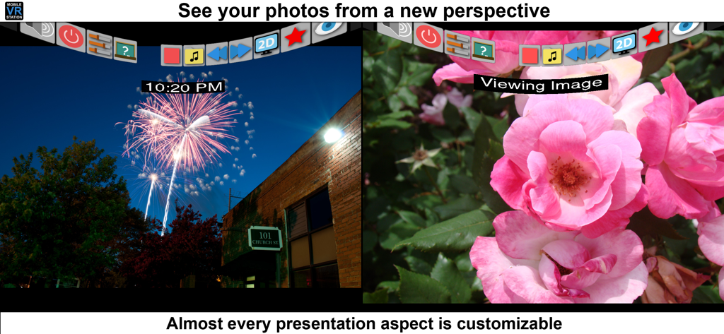 Mobile VR Station® - Mobile VR Station app interface showing split screen photo viewing with customizable settings