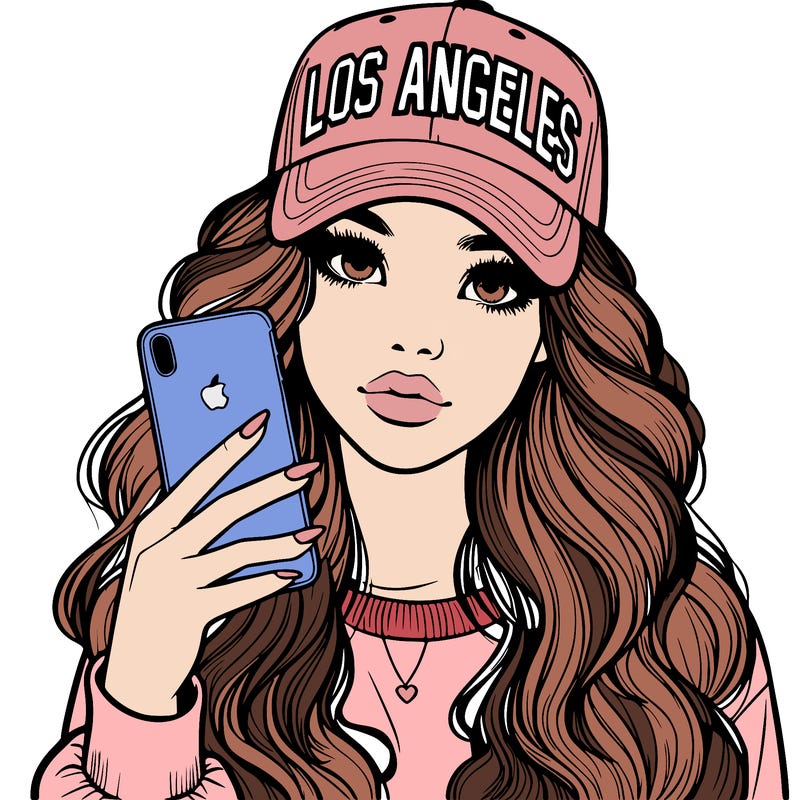 realistic beautiful girl wearing los ángeles cap holding an iphone