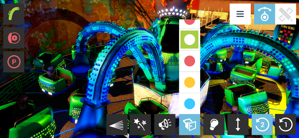 User interface showing color customization for a neon octopus ride in Funfair Ride Simulator 4
