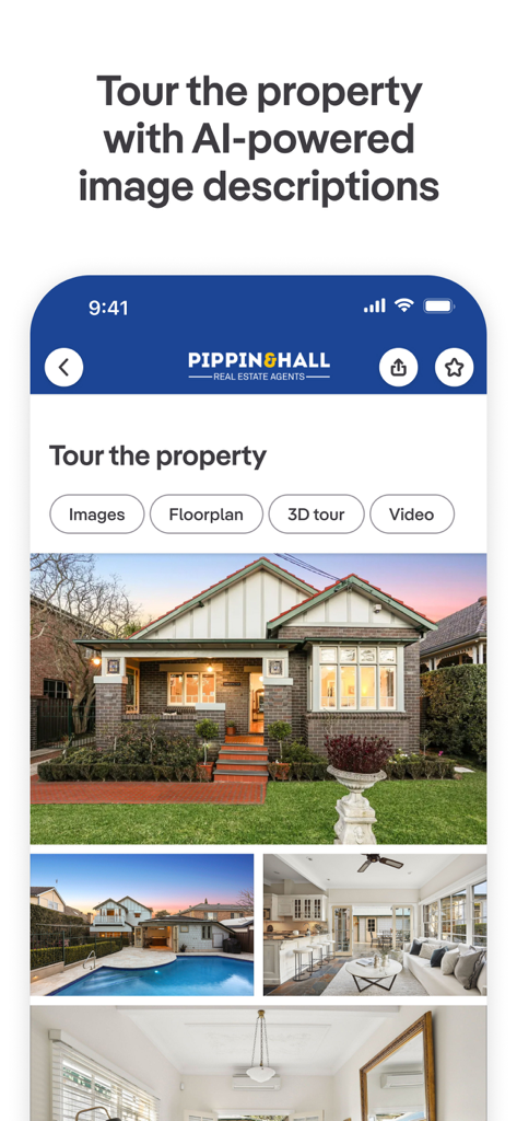 Mobile app interface showing a real estate property tour with AI powered image descriptions and photos