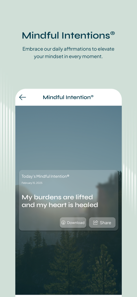 Soaak - Soaak app screen displaying a daily mindful intention affirmation over a scenic forest background.