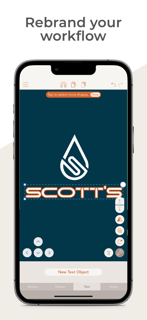 Vector & SVG Maker - Assembly - A mobile app interface for vector logo design showing a water drop icon and text editing for a brand named Scotts