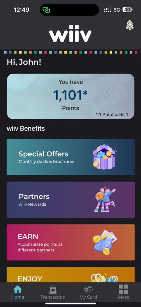 The home dashboard of the wiiv loyalty app displaying points balance and reward categories.