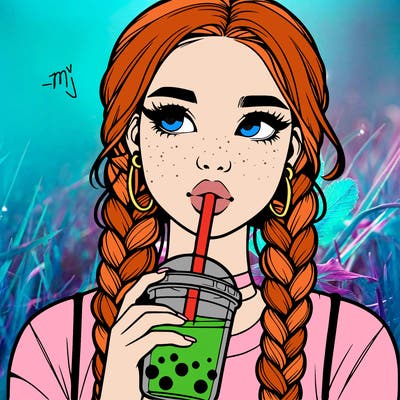 realistic girl with braided hair drinking boba