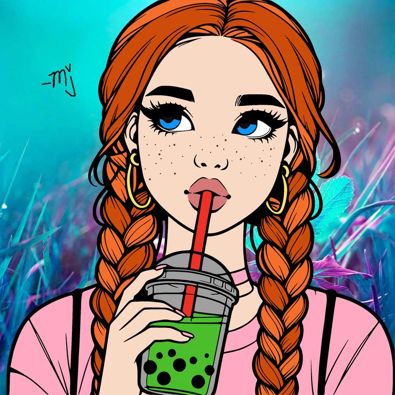 realistic girl with braided hair drinking boba