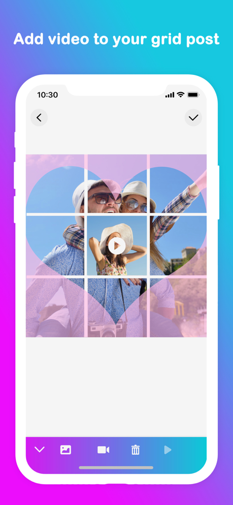 Grid Post Pic Collage Maker - Mobile app interface showing a 3x3 grid post with a heart-shaped photo overlay and an integrated video play button.