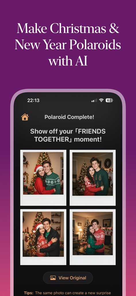 Polaroid AI  Photo Generator - App interface displaying four AI generated vintage Christmas Polaroid photos of a couple.
