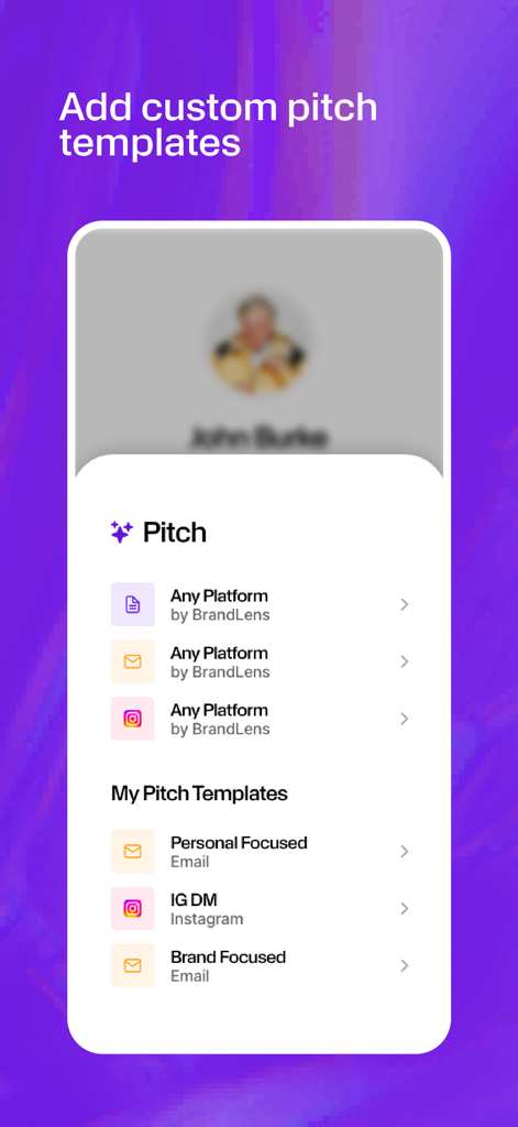 Pitch’em – Land Brand Deals - Interface of the Pitchem app showing custom pitch templates for email and Instagram DM outreach to brands