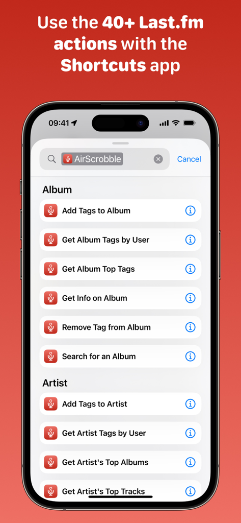 Integración de AirScrobble con Atajos de iOS mostrando varias acciones de automatización de Last.fm para álbumes y artistas