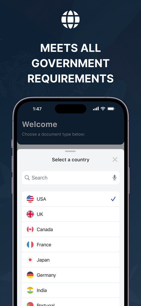 Passport Photo Maker－ID, Visa - Screen showing country selection for official passport and visa photo standards