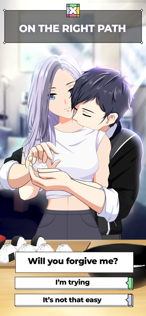 ChatLinx Otome Text Story Game - Anime couple in a romantic scene with a dialogue choice box in ChatLinx Otome game