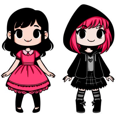kind girl wearing a dress and goth girl wearing a hoodie