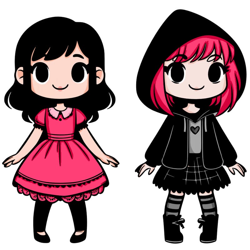kind girl wearing a dress and goth girl wearing a hoodie