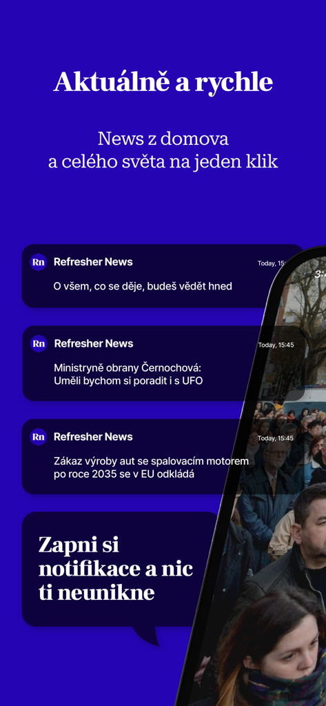 Refresher News Česko 앱 화면, 생동감 넘치는 파란색 배경에 다양한 뉴스 푸시 알림 표시