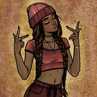 realistic teenage girl with braids and a beanie and crop top doing 🫶🏼