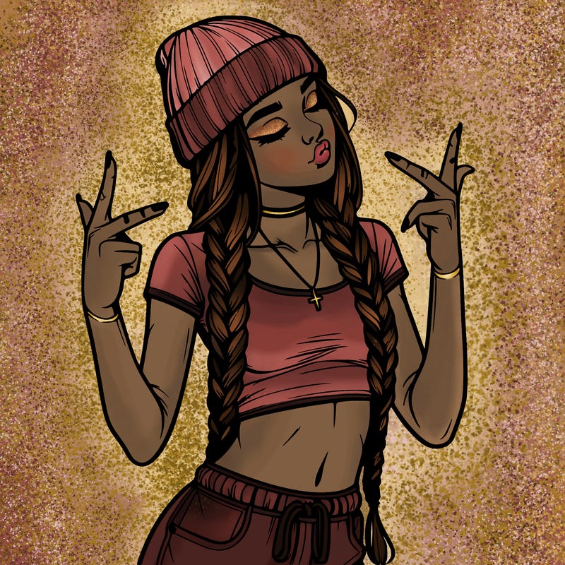 realistic teenage girl with braids and a beanie and crop top doing 🫶🏼