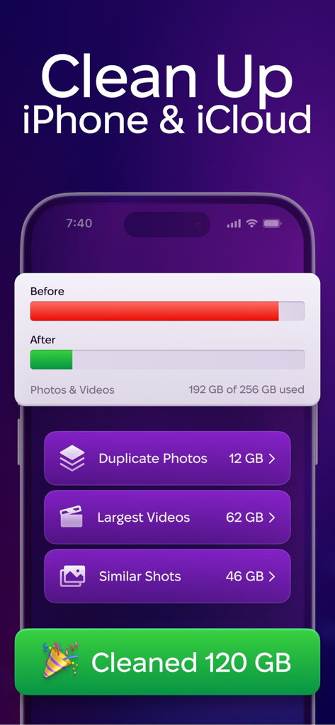 CleanMy®Phone: Cleanup Storage - Interfaz de la aplicación CleanMyPhone mostrando el ahorro de almacenamiento con barras de antes y después y categorías para fotos duplicadas y videos grandes