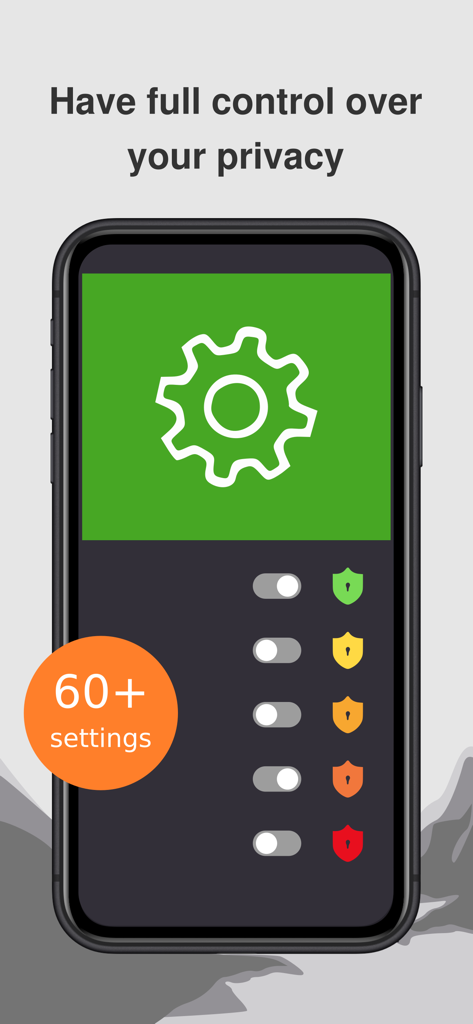 SnowHaze app screen displaying privacy control settings with toggles and security shields