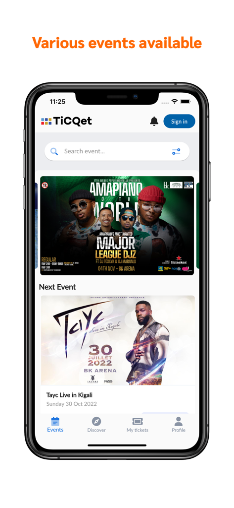 TICQET - TICQET app interface showing music event listings for BK Arena in Kigali