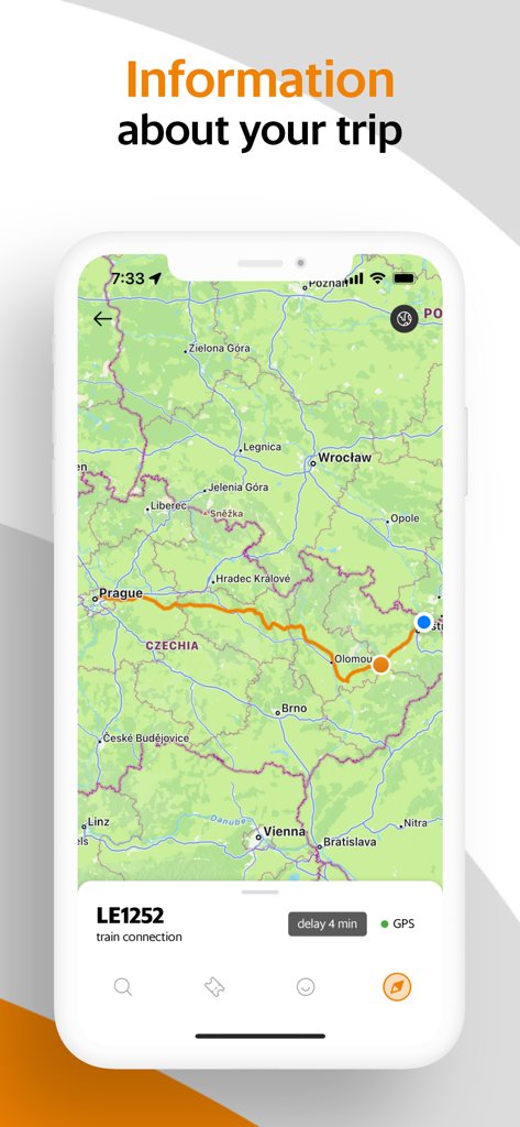 Écran de l'application Leo Express montrant l'itinéraire du train en temps réel et les informations sur les retards