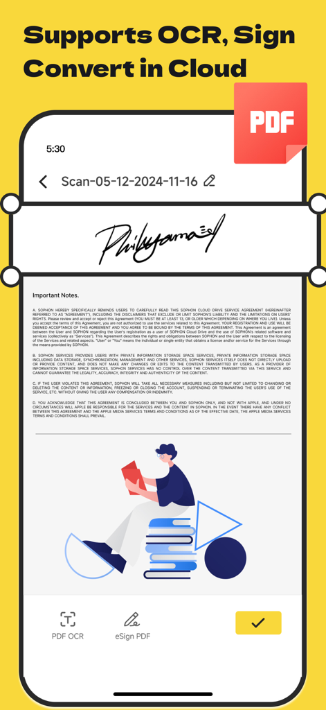 Sophon app interface showing document OCR and electronic signature features on a PDF