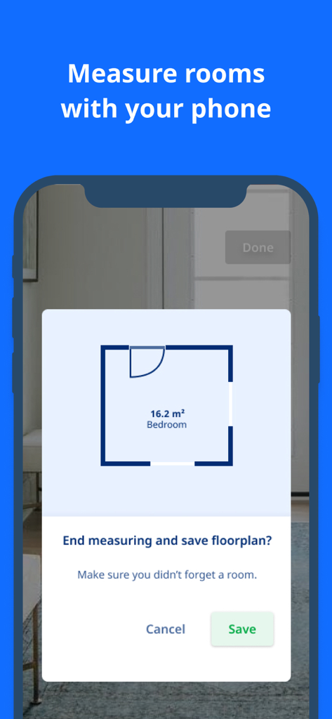 Roometric app interface showing a 2D bedroom floor plan measurement being saved on a smartphone