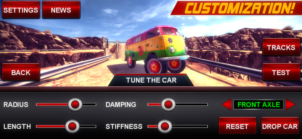 Offroad Legends - Car tuning and customization menu in Offroad Legends showing suspension adjustments for a colorful van