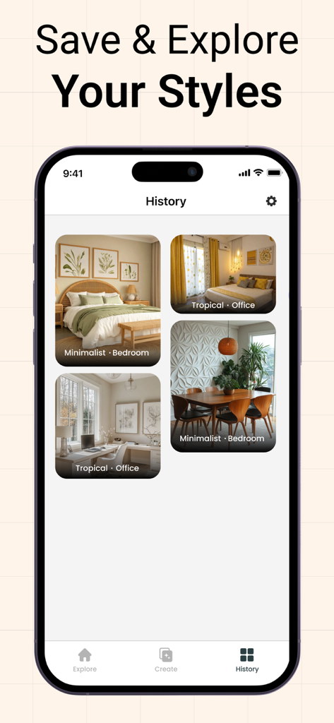 Room Planner: Interior Design - Interfaz de aplicación móvil que muestra un historial de estilos de diseño de interiores guardados que incluyen dormitorios minimalistas y oficinas tropicales