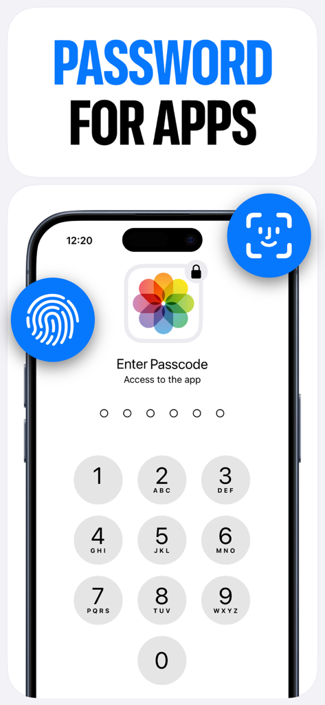 Pantalla de bloqueo de la app con un teclado numérico de contraseña y los iconos de seguridad Face ID y Touch ID.