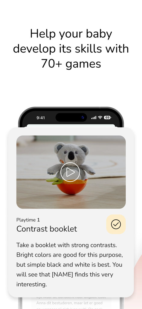 The Wonder Weeks app interface displaying a playtime activity for baby skill development with a video and instructions.