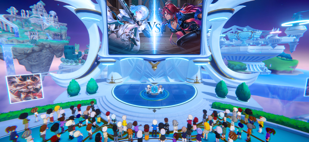 Player avatars watching a competitive card battle on a giant screen in the Shadowverse Park social hub.