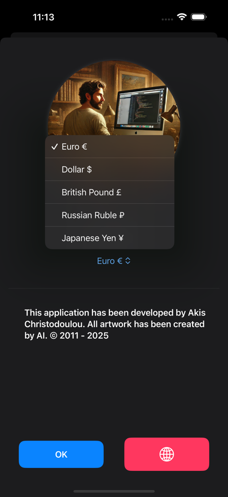 Menú de selección de moneda de la aplicación Budget Flow mostrando opciones para Euro, Dólar y Libra Esterlina