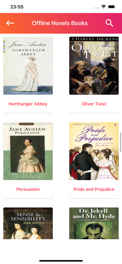Library interface of the English Novel Books app showing covers of classic literature like Pride and Prejudice and Oliver Twist