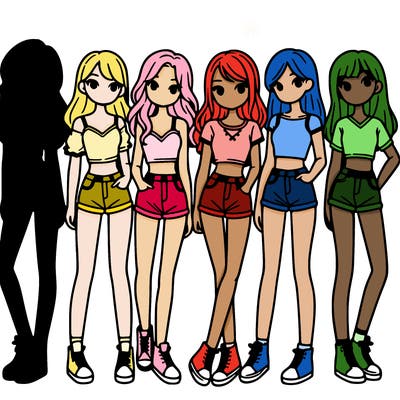 a group of girls wearing crop tops and shorts