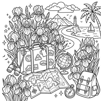 Embark on a creative adventure with this unique coloring page combining the beauty of reblooming irises with exciting vacation themes. Discover a world of travel essentials and blossoming flowers, waiting for your artistic touch.