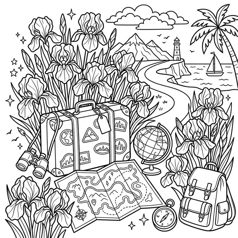 Embark on a creative adventure with this unique coloring page combining the beauty of reblooming irises with exciting vacation themes. Discover a world of travel essentials and blossoming flowers, waiting for your artistic touch.