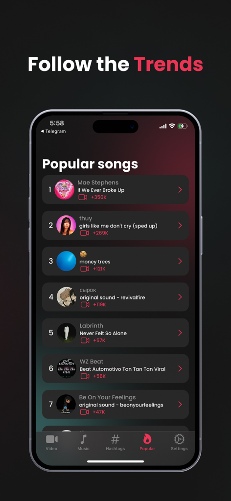 Tik Saver Pro mobile app interface displaying a list of trending songs and popular audio tracks for creators