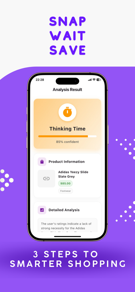 Why Buy: Stop Impulse Buying - 衝動買いのための思考時間と分析結果を表示するWhy Buyアプリのスクリーンショット。