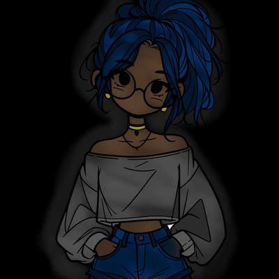 girl with a messy ponytail glasses a baggy crop top and jean shorts