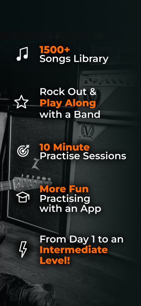 Justin Guitar Lessons & Songs - List of Justin Guitar app features including a 1500 song library, play along with a band mode, and 10 minute practice sessions.
