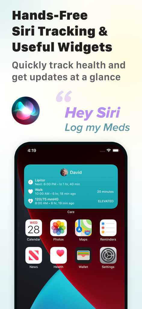 Medication Reminder & Pill Log - iPhone-Startbildschirm mit einem Medikamenten-Erinnerungs-Widget und Siri-Sprachbefehl-Integration für die freihändige Verfolgung