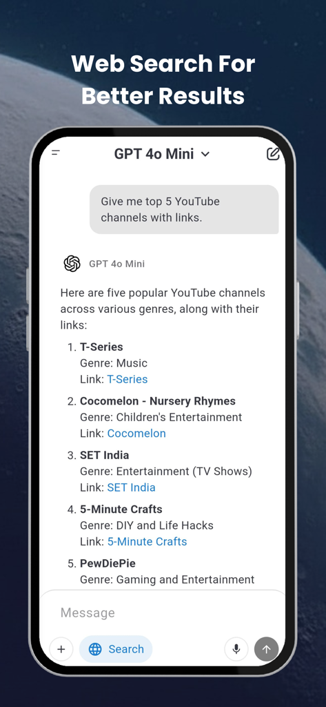 Galaxy.ai app interface showing AI web search results for popular YouTube channels