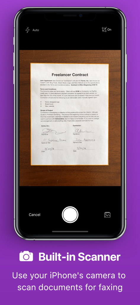 JotNot Fax - Send Receive Fax - JotNot Fax app built-in scanner interface scanning a document on an iPhone