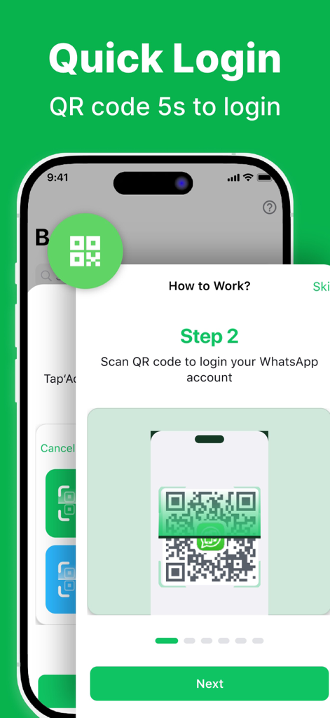 Quick login tutorial screen showing QR code scanning to link a WhatsApp account