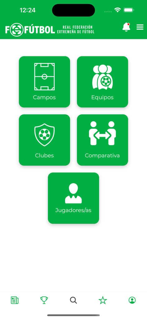 Interfaz principal de la aplicación FEXFUTBOL con iconos de navegación para campos, equipos, clubes, comparaciones y jugadores