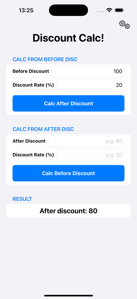 원래 가격에서 판매 가격을 계산하고 할인 후 가격에서 원래 가격을 역산하는 필드를 보여주는 할인 계산기 앱의 스크린샷
